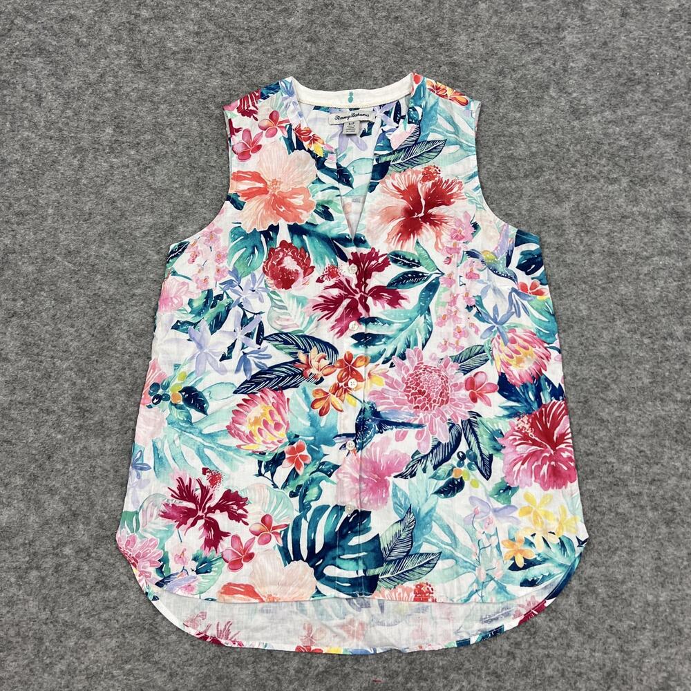 Tommy Bahama Blouse Womens S Multicolor Linen Tunic V-Neck Button Floral Preppy